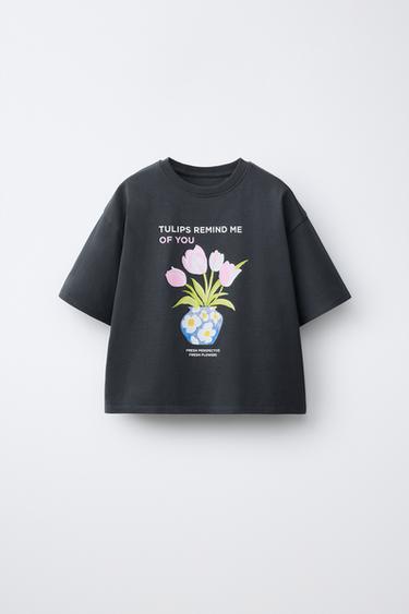تيشيرت بطبعة زهور - رمادي أنثراسايت by Zara
