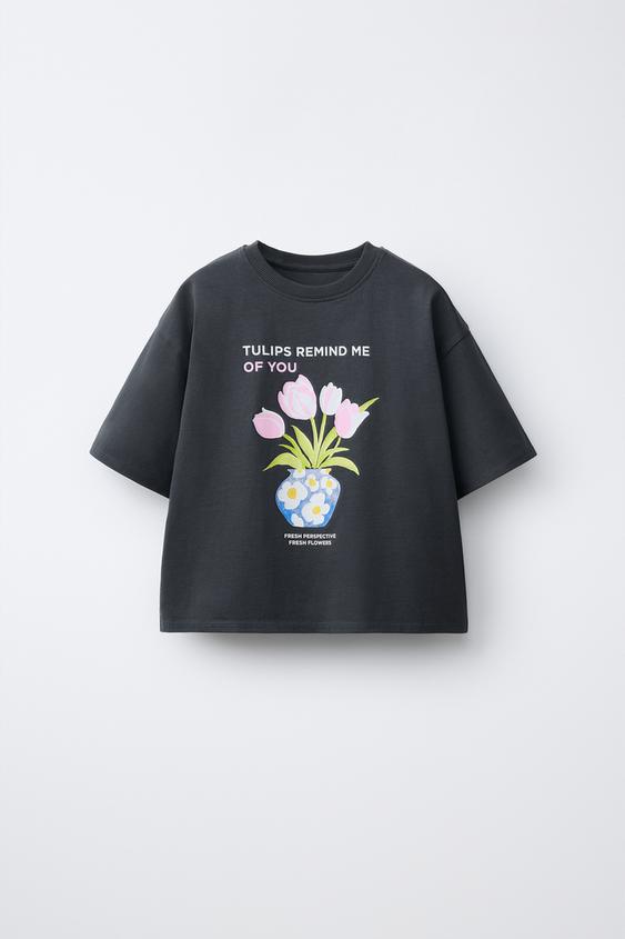 FLORAL PRINT T-SHIRT - Anthracite grey by Zara - Image 0