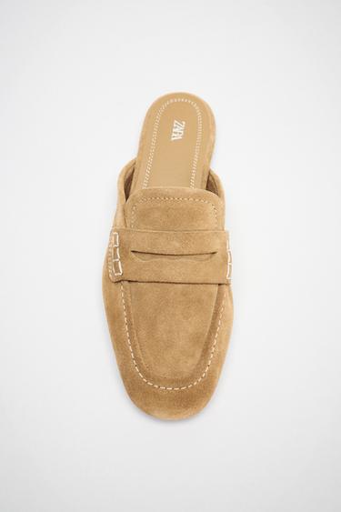 موكاسين من الجلد المقلوب بعقب مفتوح - بني رملي الخاص بـ Zara