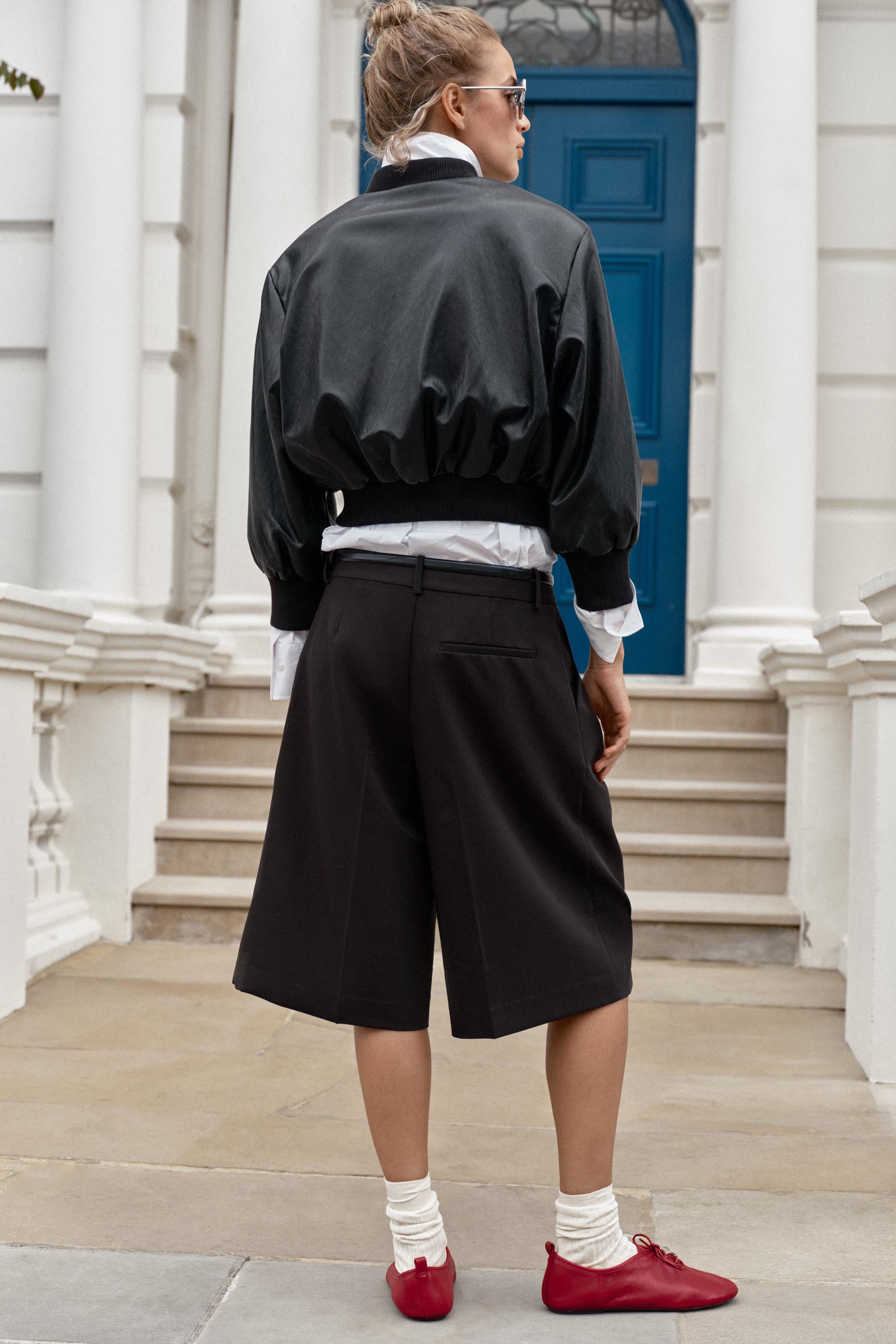 FAUX LEATHER BOMBER JACKET WITH SHOULDER PADS