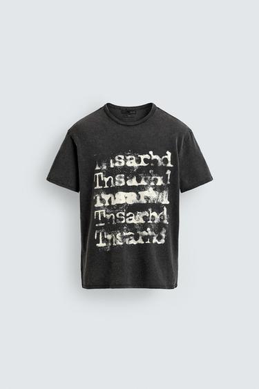 ニットウォッシュドプリントTシャツブラックZaraのニットウォッシュドプリントTシャツ - ブラック