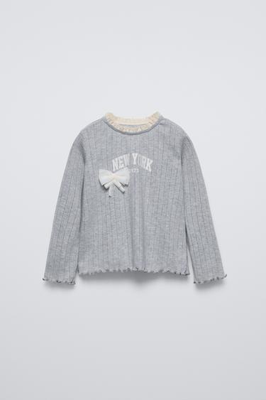 LACE-TRIMMED T-SHIRT WITH BOW - Grey marl by Zara