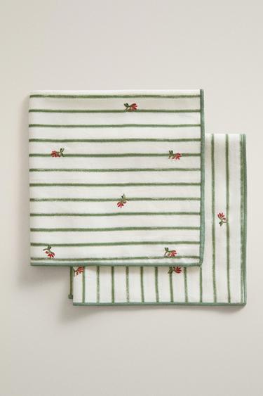 PACK OF STRIPED NAPKINS WITH FLORAL EMBROIDERY (PACK OF 2) - Green by Zara