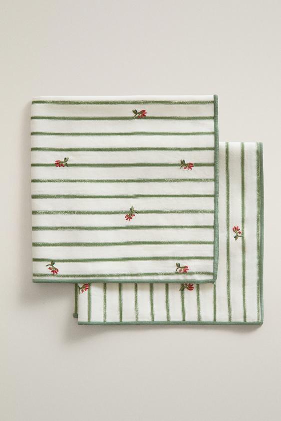 PACK OF STRIPED NAPKINS WITH FLORAL EMBROIDERY (PACK OF 2) - Green by Zara - Image 0