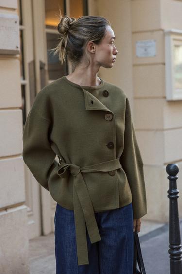 Zara BELTED SHORT KNIT COAT - Dark green - Image 0
