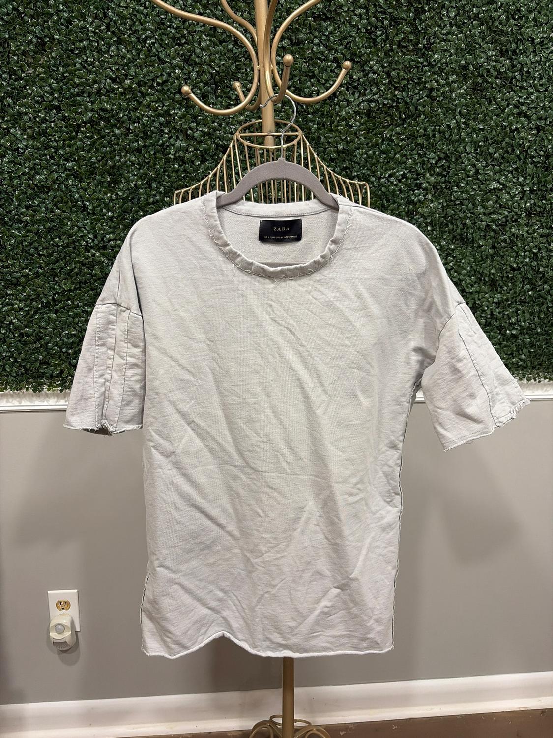 White short-sleeved t-shirt hanging on a gold hanger, with a green leaf wall background. Visible tag: "ZARA".