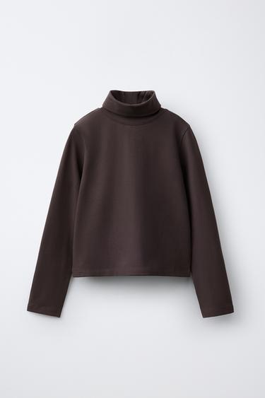 Zara PLAIN TURTLENECK T-SHIRT - Dark brown