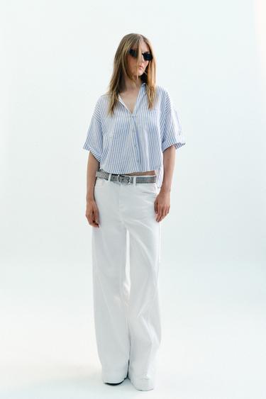 CROPPED LINEN BLEND SHIRT - White / Sky blue by Zara