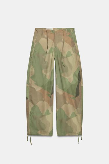 PRINTED WIDE-LEG DRAWSTRING PANTS — Khaki 2