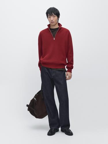Zara Knit cotton and wool blend mock neck sweater with zip - Intense red - Image 0