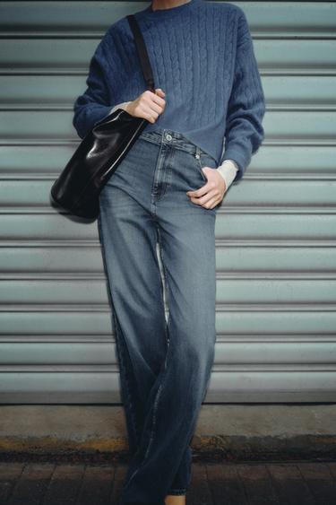 Zara ZW COLLECTION 高腰寬管牛仔褲 - 藍色