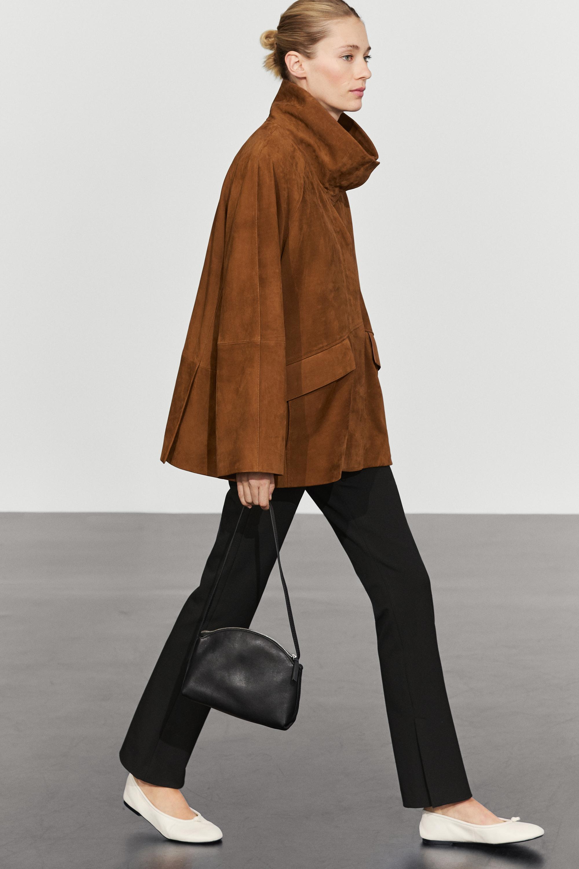 Nubuck leather high collar coat — Russet
