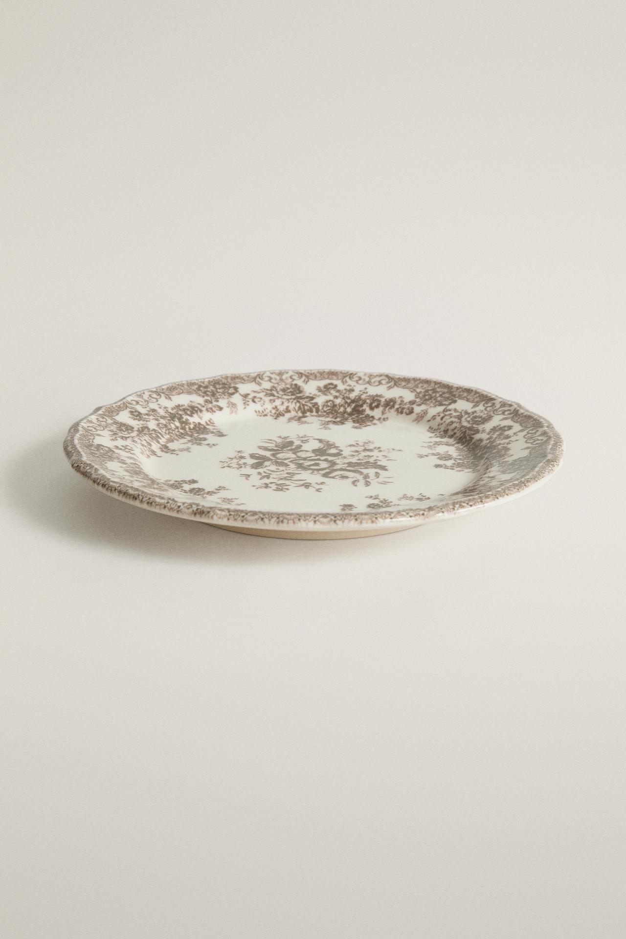 FLORAL EARTHENWARE DESSERT PLATE — Brown