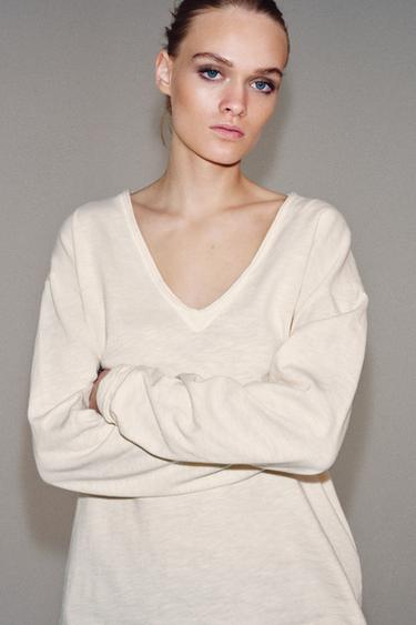 LONG SLEEVE RUSTIC T-SHIRT - Oyster-white by Zara - Image 3