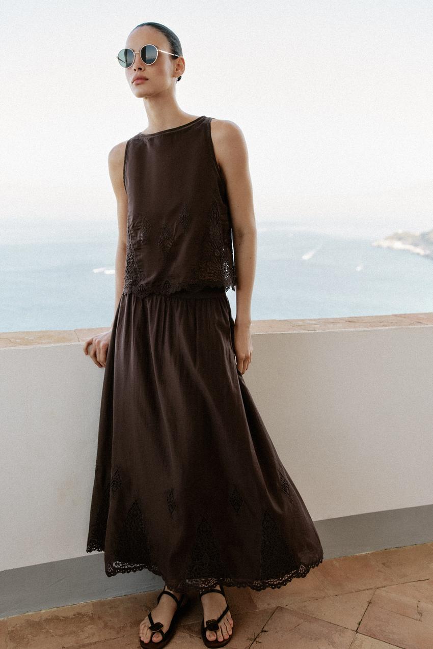 EMBROIDERED VOLUME MIDI SKIRT - Brown | ZARA United States EMBROIDERED VOLUME MIDI SKIRT - Brown | ZARA United States