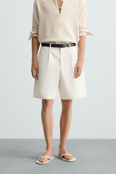 COTTON-LINEN PLEATED BERMUDA SHORTS - White by Zara