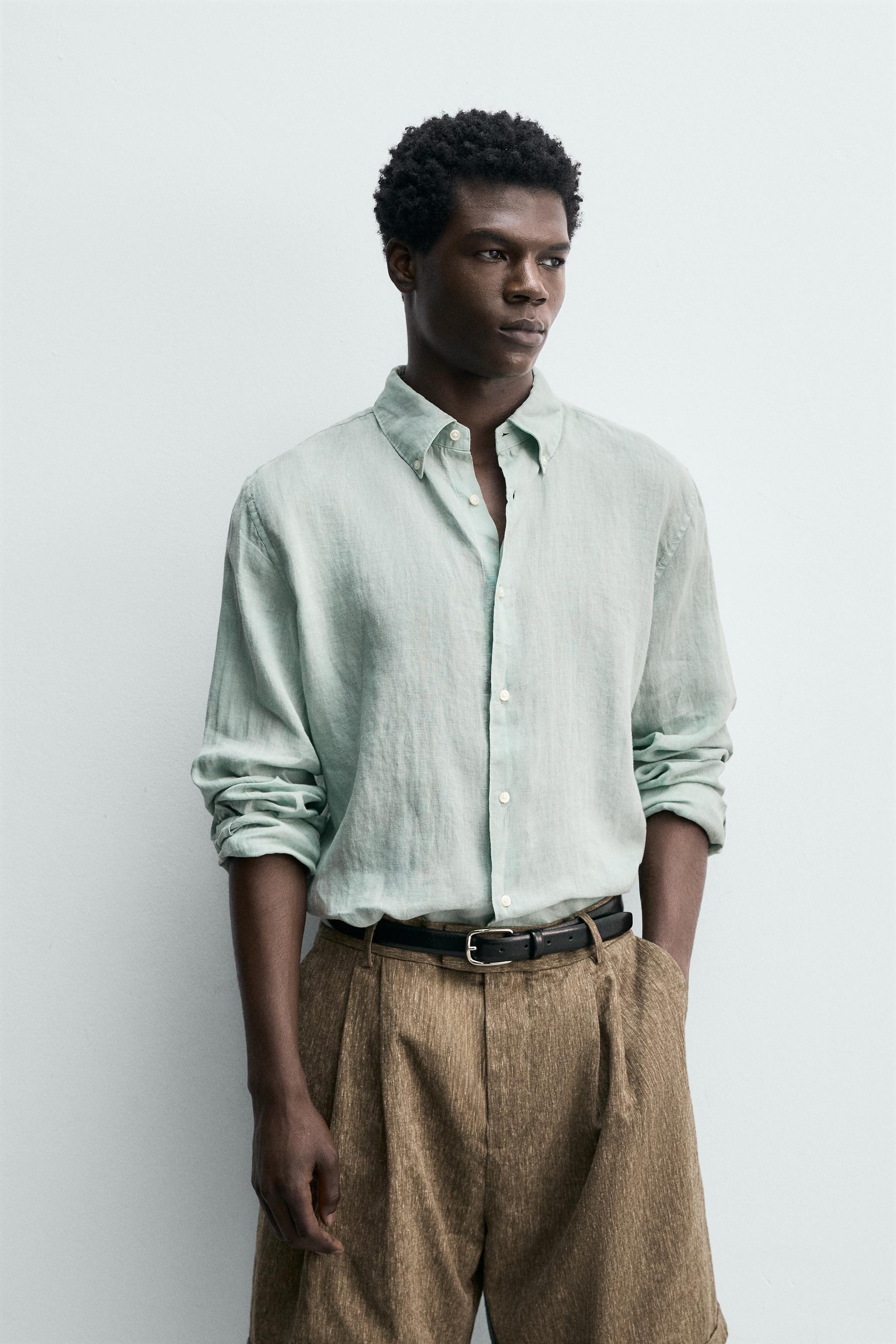 100% LINEN REGULAR FIT SHIRT — Blue / Green