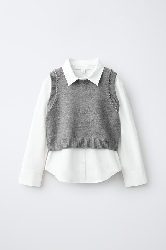 SHIRT WITH KNIT WAISTCOAT AND RHINESTONES - Grey marl by Zara - Image 0