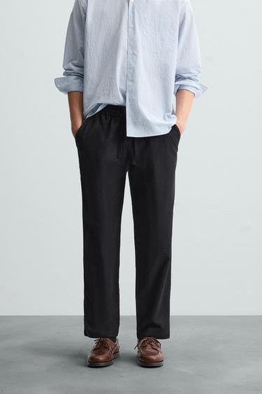 Zara COTTON LINEN RELAXED FIT PANTS - Black