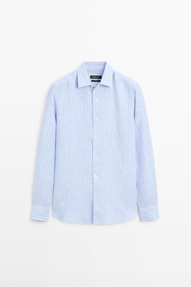 Camisa regular fit rayas lino - Azul claro de Zara