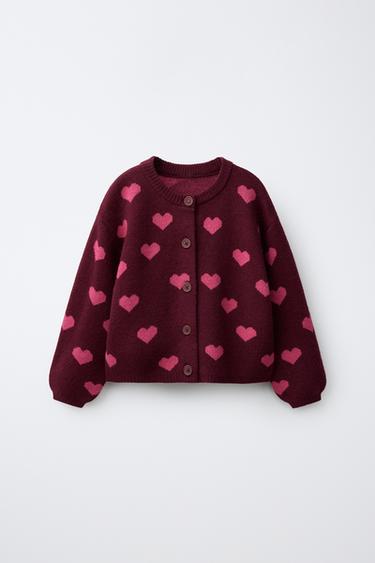 CHAQUETA PUNTO ESTAMPADO CORAZONES - Burgundy de Zara - Imagen 0