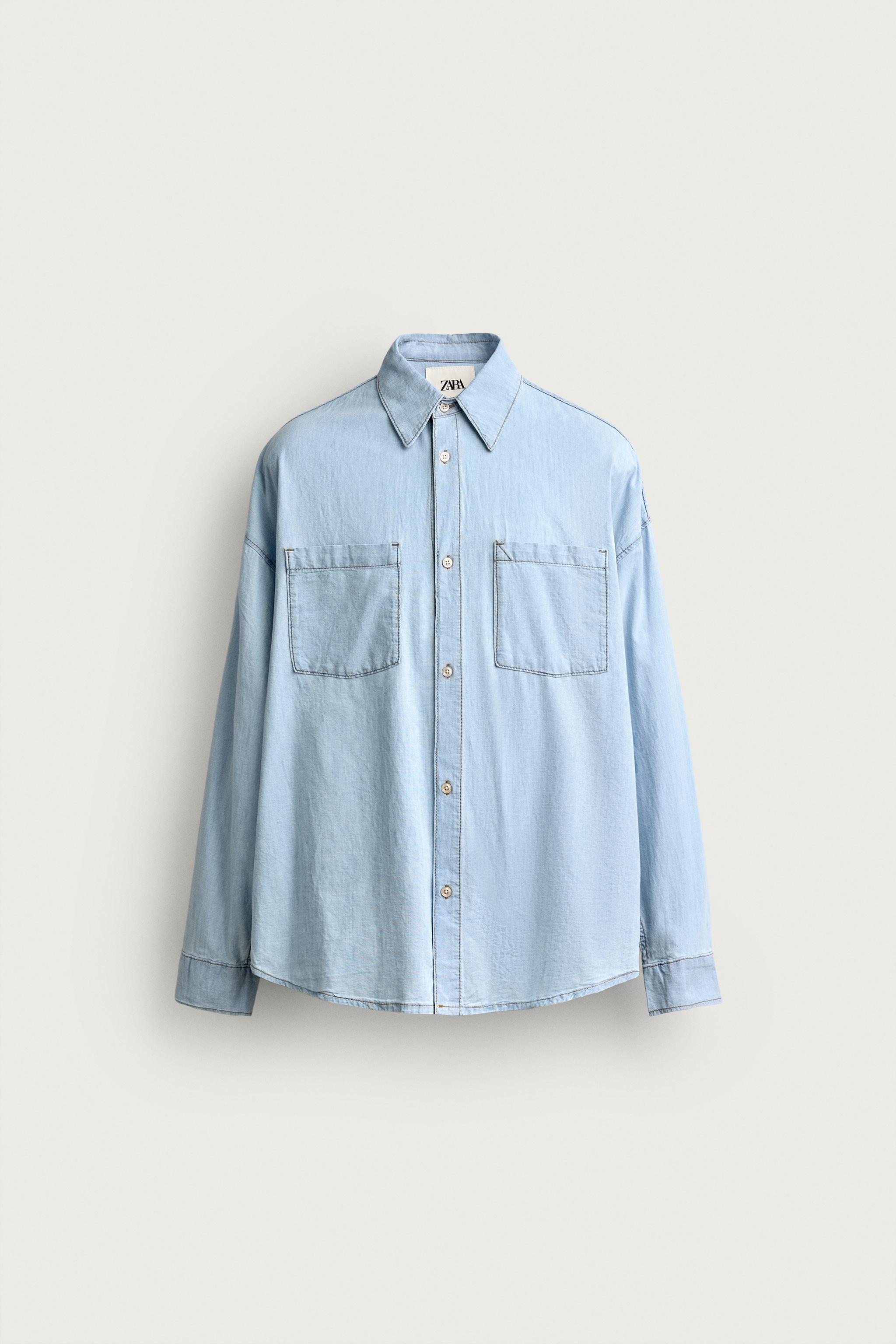 LIGHTWEIGHT WASHED DENIM SHIRT — Light blue
