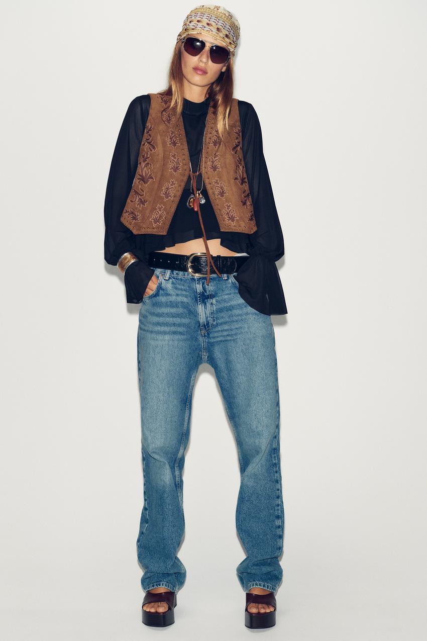 EMBROIDERED BEADED FAUX SUEDE VEST