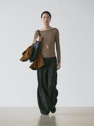 Zara Striped long sleeve cotton T-shirt - Brown - Image 0