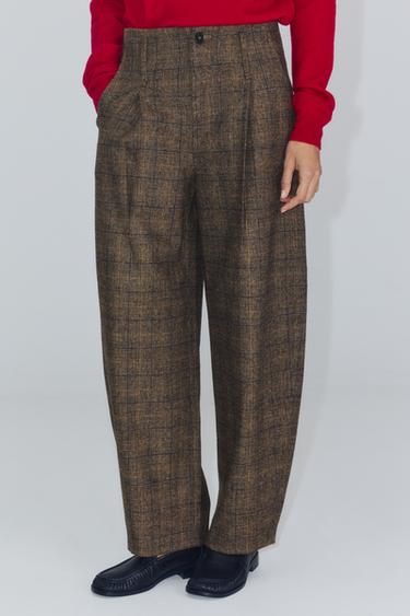 ZW COLLECTION WOOL BLEND CHECKED BARREL PANTS — Tobacco 2