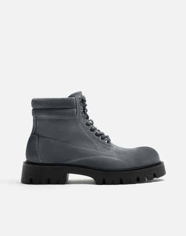BOTA DE COURO COM CADARÇOS - Cinzento da Zara