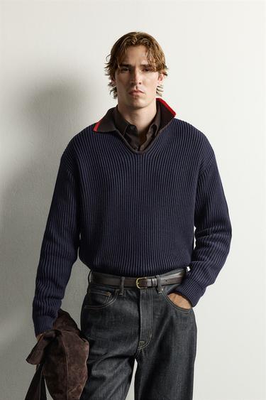CONTRAST COLLAR KNIT POLO — Navy blue 2