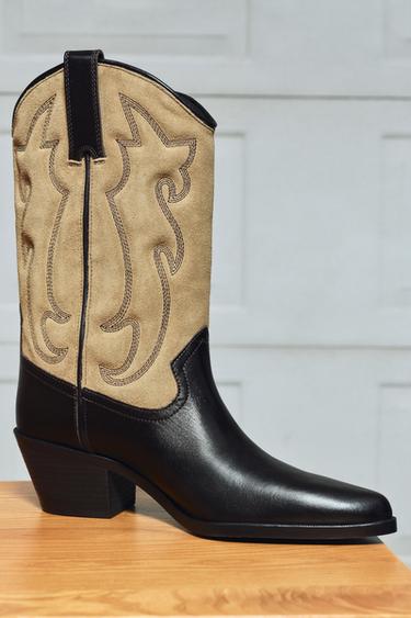 Zara 混合皮革刺繡靴 - 多色