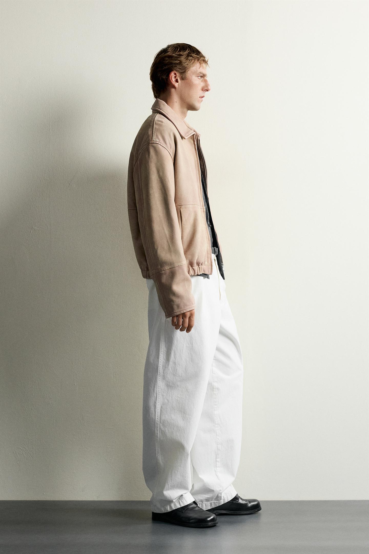 Мужская куртка Zara Washed Effect Leather, цвет: Меловой розовый — фото 4