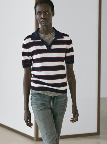 Zara Striped knit polo sweater - Navy blue