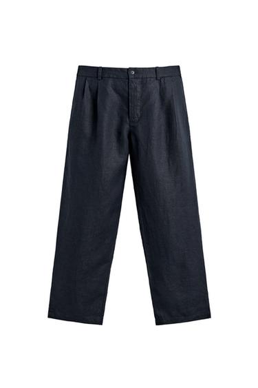 WIDE-LEG 100% HEMP PLEATED TROUSERS - Dark navy by Zara