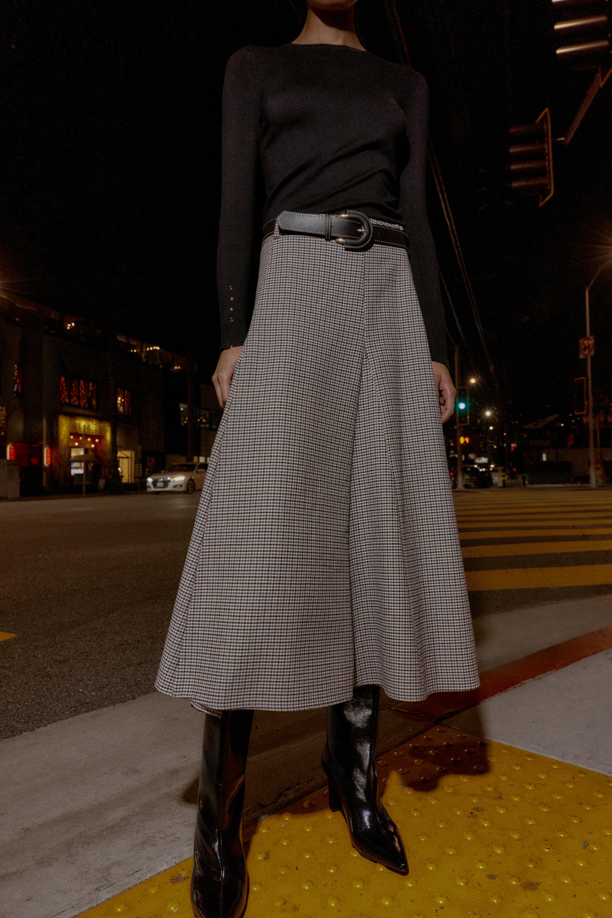 PLAID MIDI SKIRT WITH BELT