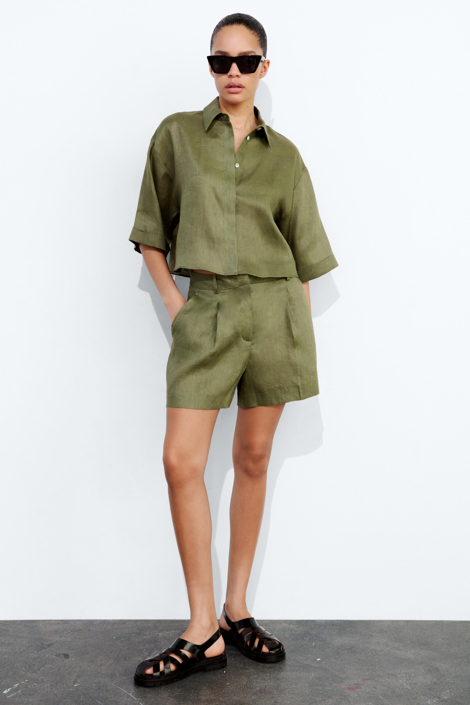 100 LINEN CROP SHIRT Khaki ZARA United States