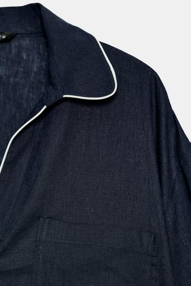 CHEMISE EN LIN À LISERÉS CONTRASTANTS - Bleu marine de Zara - Image 8