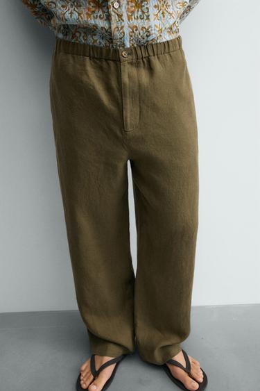 100% LINEN RELAXED FIT TROUSERS - Dark khaki by Zara - Image 4