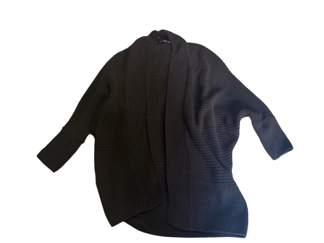 Black chunky knit cardigan with long sleeves and an open front, on a white background.