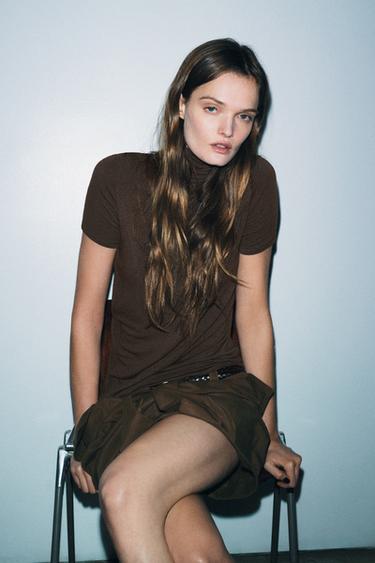 Zara ASYMMETRIC HIGH NECK T-SHIRT - Brown