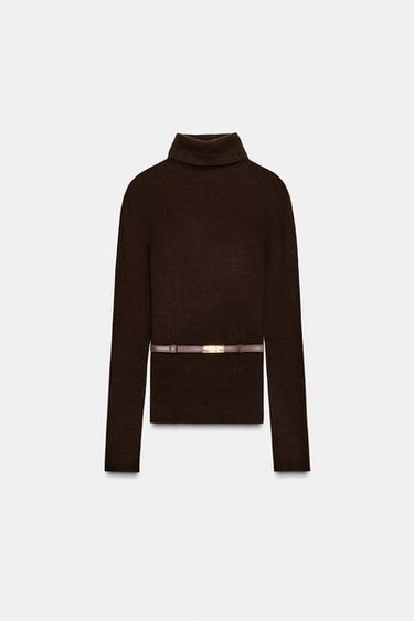 JERSEY 100% LANA CUELLO SUBIDO CINTURÓN - Chocolate de Zara
