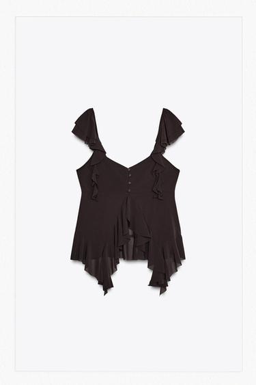 Zara RUFFLED STRAPPY TOP - Dark brown