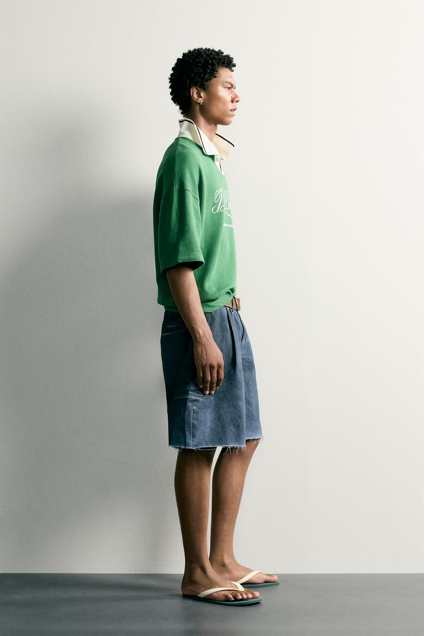 Мужское поло Zara Retro Soccer Relaxed-Fit Polo, цвет: Зелёный / Экрю — фото 4