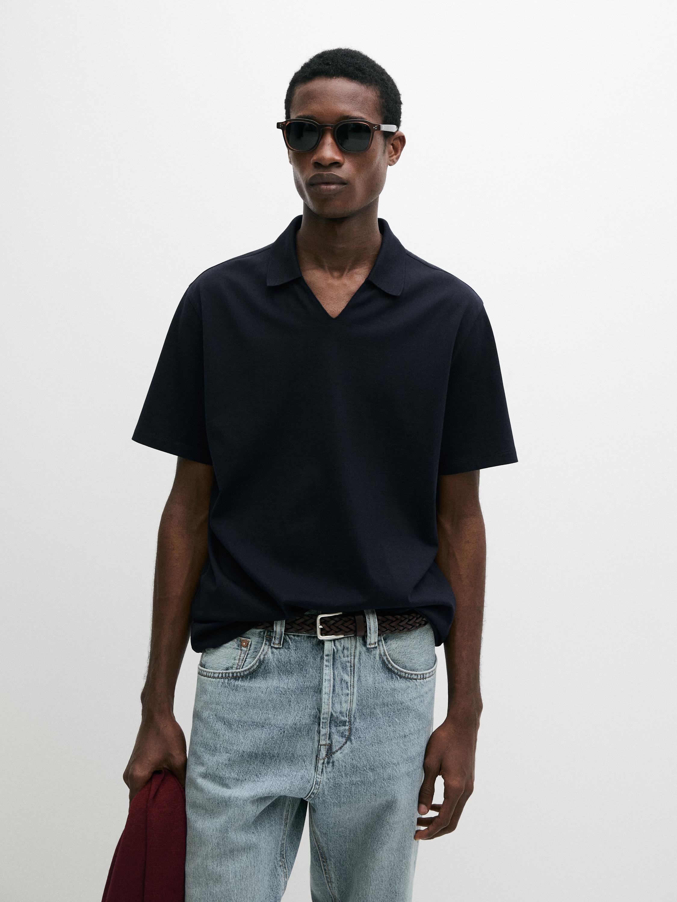 Cotton V-neck polo shirt — Navy blue
