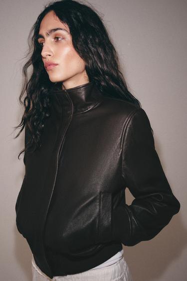 LEATHER BOMBER JACKET WITH SHOULDER PADS ZW COLLECTION LIMITED EDITION - Dark brown by Zara