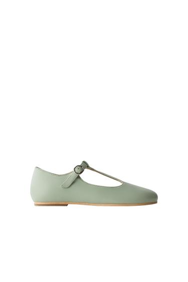 Zara LIMITED EDITION T-STRAP LEATHER BALLET FLATS - Green