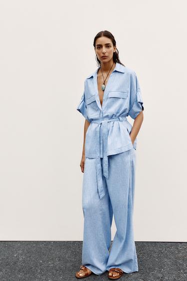 LINEN BLEND SAFARI SHIRT - Light blue by Zara