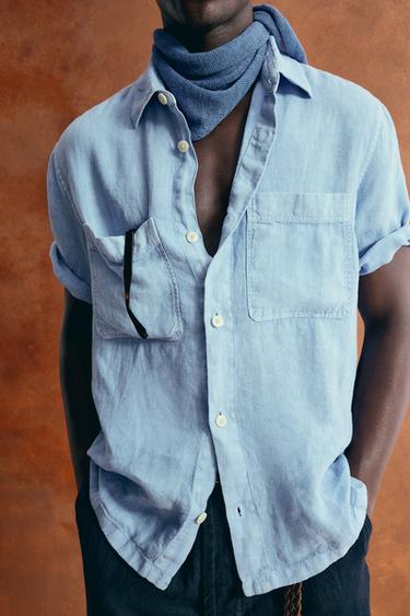 Zara WASHED 100% LINEN SHIRT - Bluish