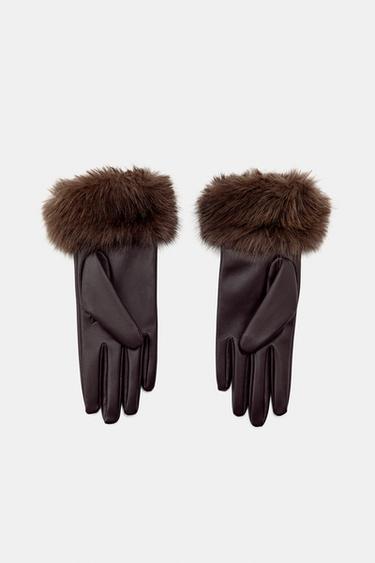 SHORT FAUX LEATHER AND FAUX FUR GLOVES - Brown by Zara - Image 2